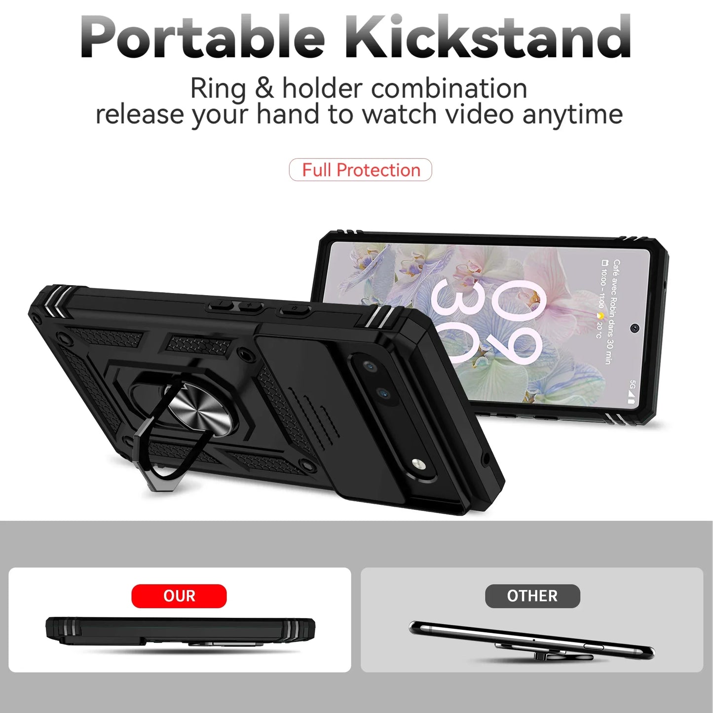 Phone case with camera cover and kickstand For Google Pixel 6 7 8 9 10 Pro XL 6A 7A 8A 9A 10A Camera Lens Protection Ring Holder Cover